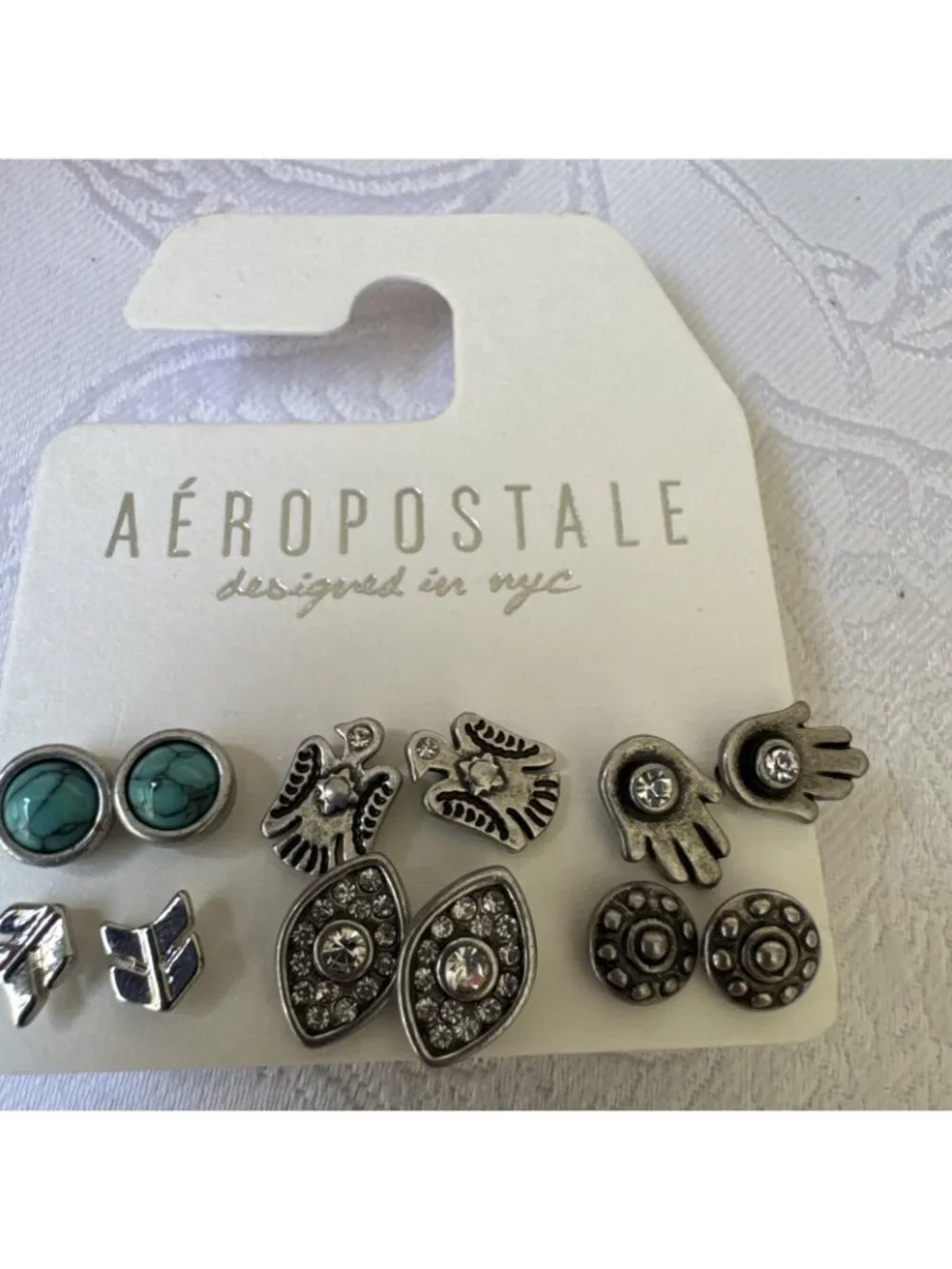Aeropostale 12 PC Stud Charm Dainty Earrings Tiny CZ Beads SilverTone NEW
